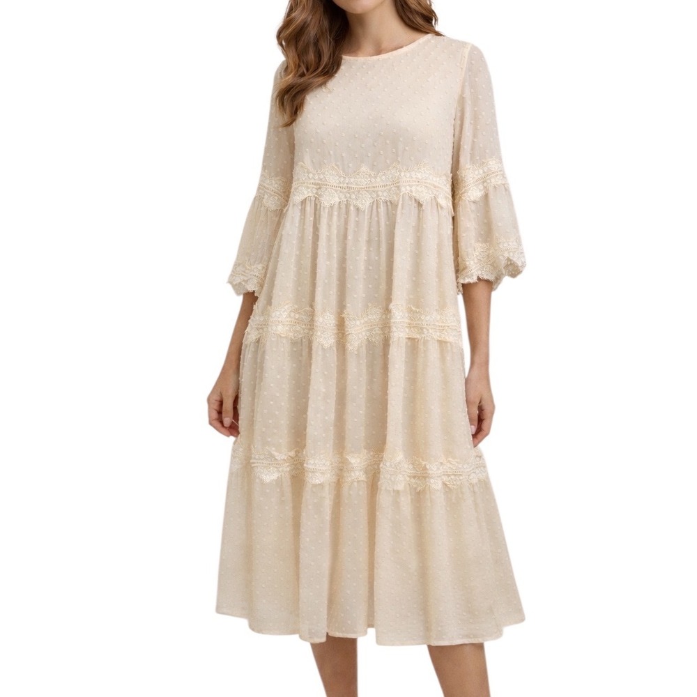 Orange Creek Cream Swiss Dot Tiered Lace Trim Bell Sleeve Babydoll Midi Dress‎ M